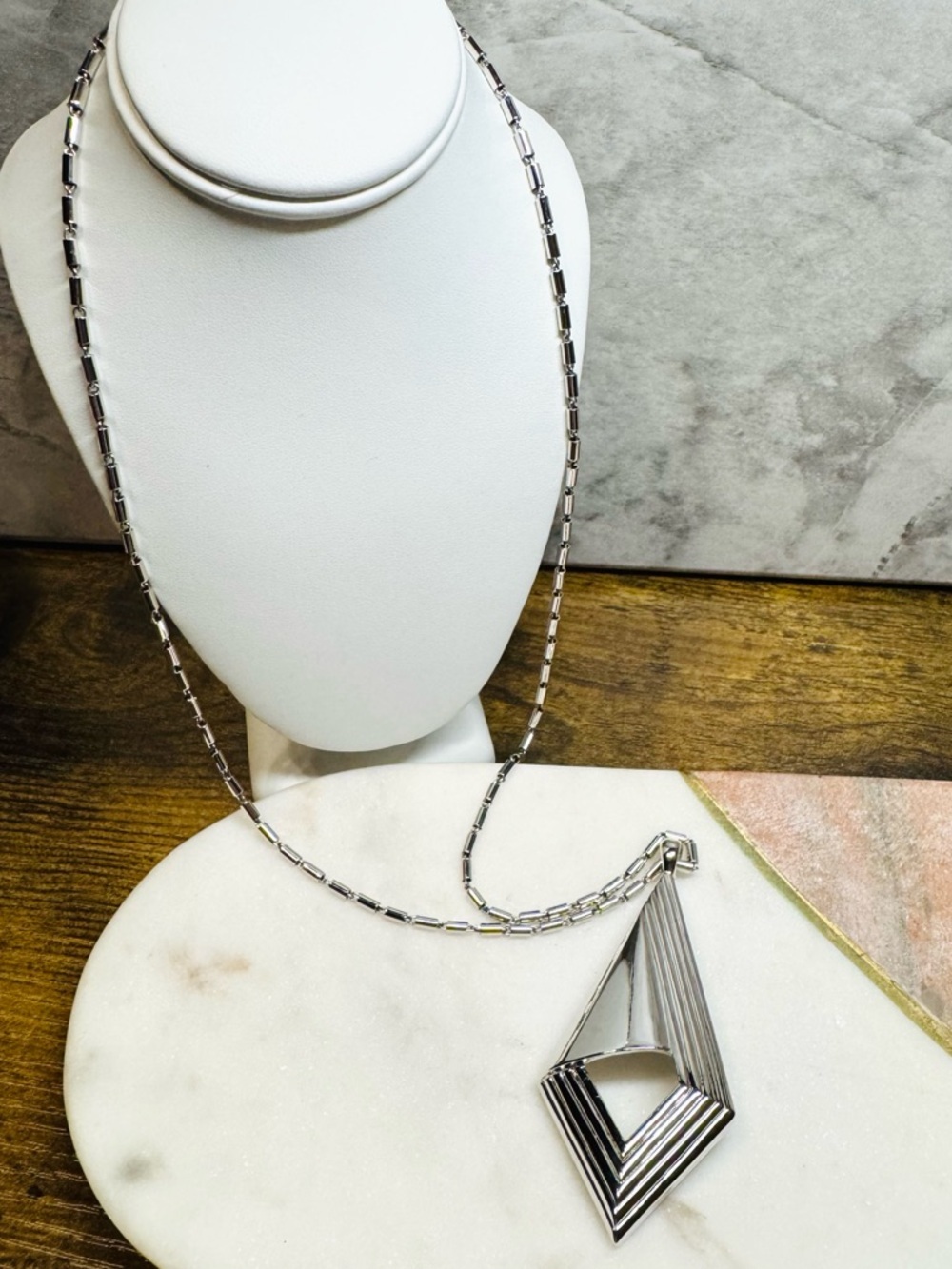 Monet Silver Tone Geometric Pendant Necklace Long Statement